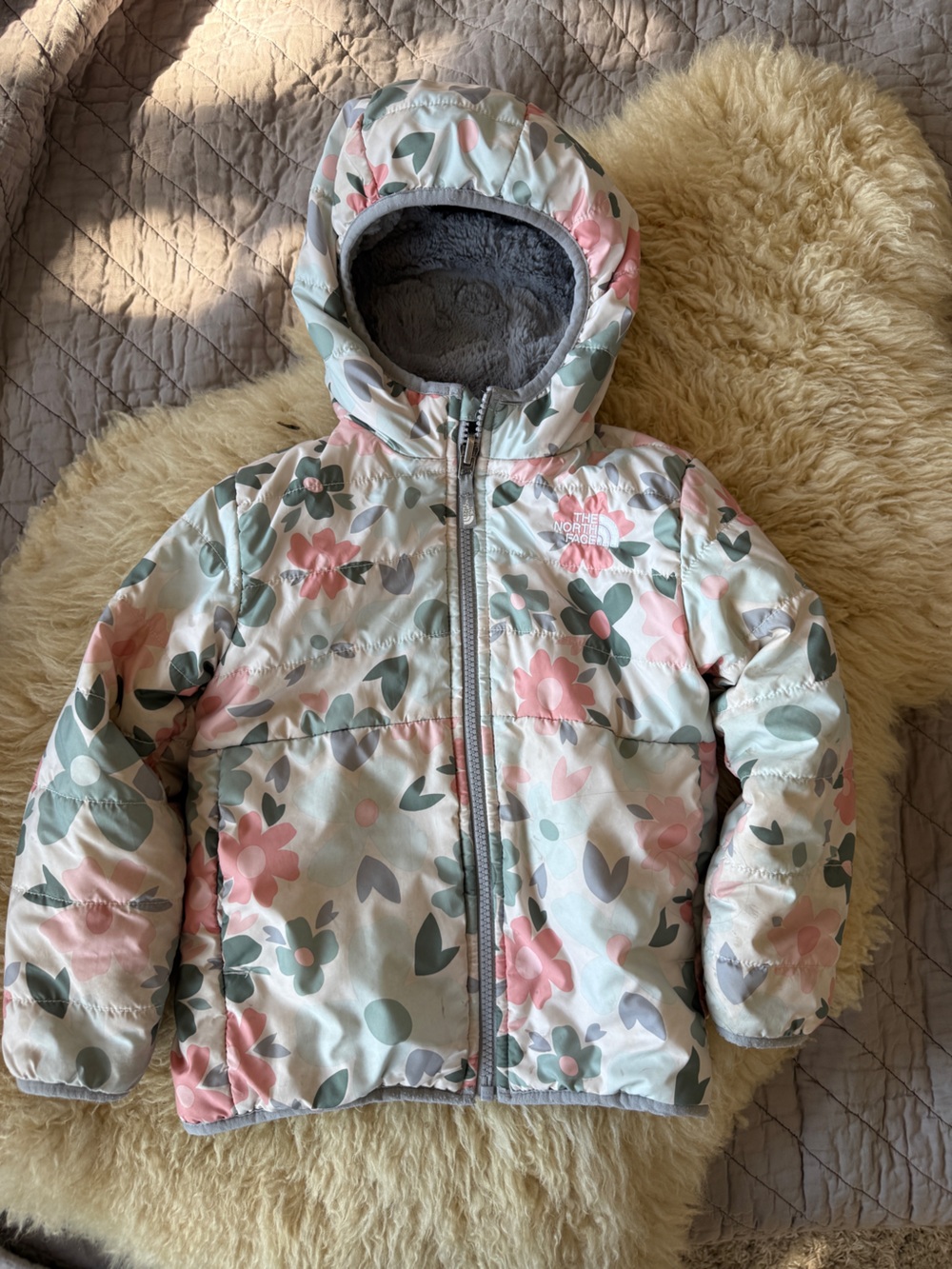 The North Face Little Girls Floral Reversible Puffer Jacket in Pink & Sage